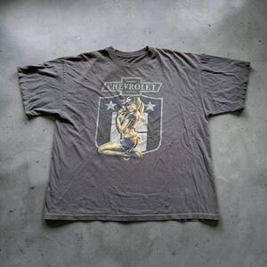 Chevrolet Pin Up Girl Graphic T-Shirt Mens XL Faded Charcoal Grey Distressed Tee